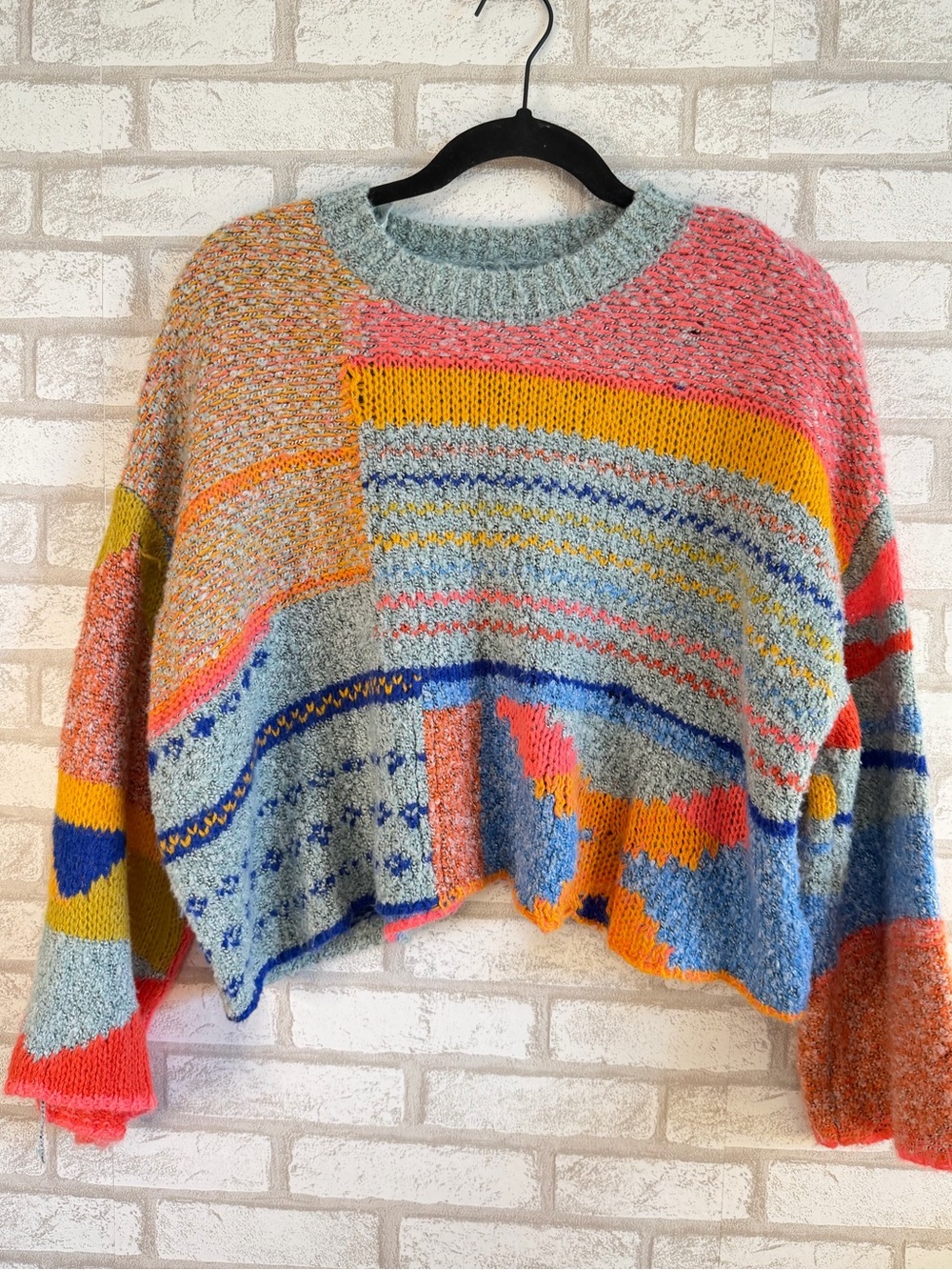 moon & madison Multi-Color Patchwork Crewneck Sweater - Coral, Mustard, Sky Blue